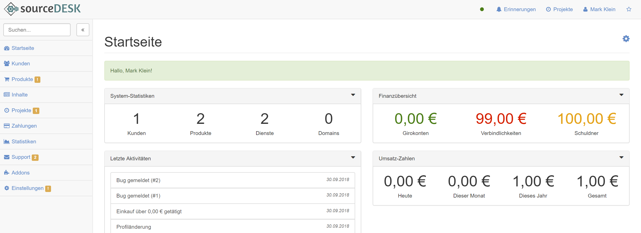Screenshot der sourceDESK-Administration: Dashboard mit Statistiken zu Kunden, Rechnungen und Support-Tickets
